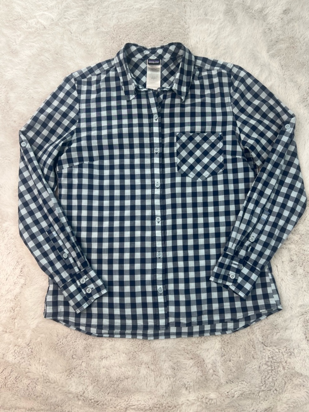 Patagonia Womens Button Up Shirt Roll Tab Sleeve Checkered Blue Size 8 Medium